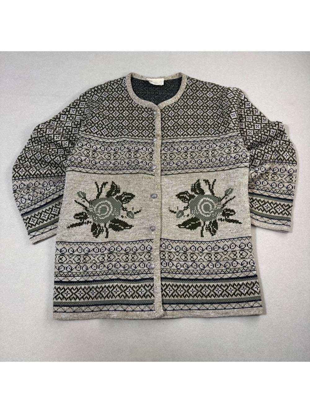 Vintage Tradition Nordic Fair Isle Cardigan Rose Floral Grey Green Women's L